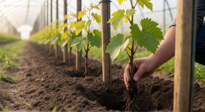 como plantar viñas, Proceso de trasplante de una plántula de viña con tutor de madera