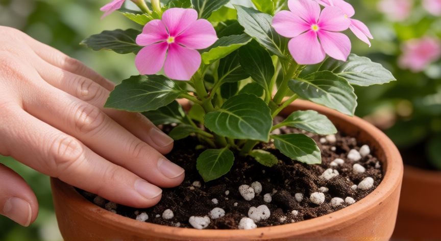 como plantar vincas en maceta, Proceso de trasplante de una vinca en maceta con sustrato ligero