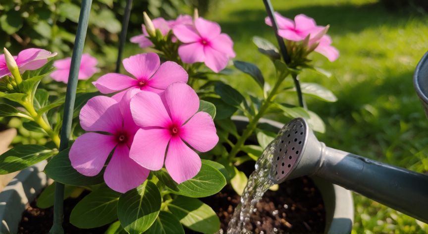 como plantar vincas en maceta, Riego cuidadoso de una vinca en maceta bajo la luz del sol