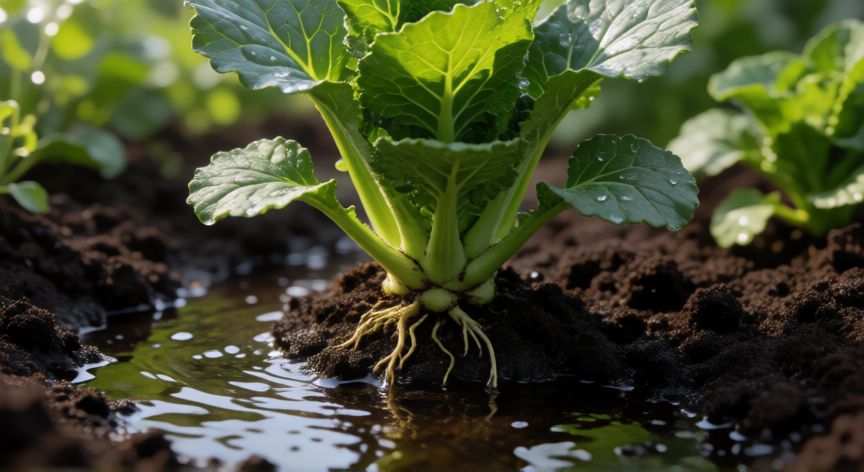 como plantar wasabi, Planta de wasabi brotando en suelo húmedo con gotas de agua
