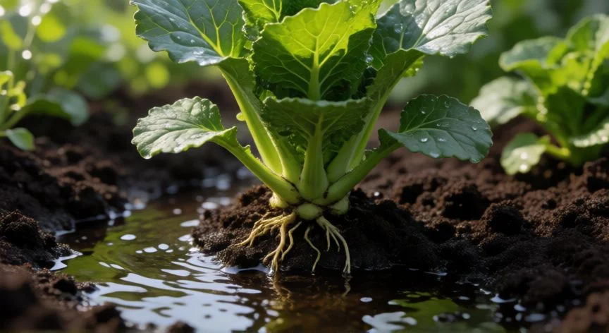 Planta de wasabi brotando en suelo húmedo con gotas de agua
