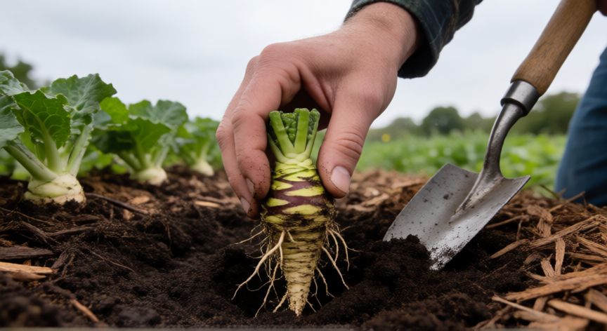 como plantar wasabi, Manos plantando un rizoma de wasabi en tierra húmeda con una pala