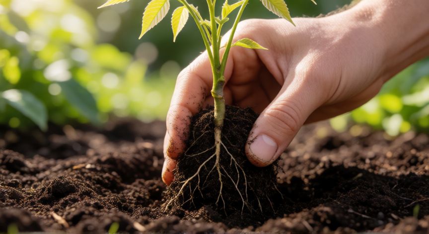 como plantar wisteria, Manos plantando una wisteria en tierra fértil con compost