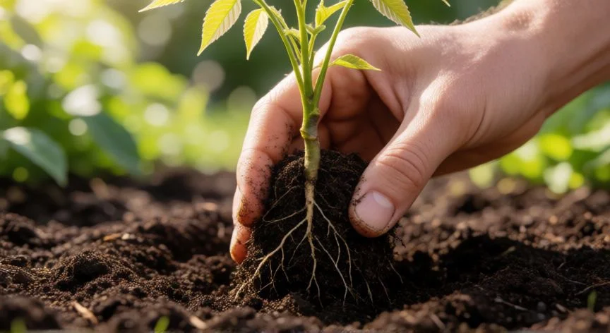 Manos plantando una wisteria en tierra fértil con compost