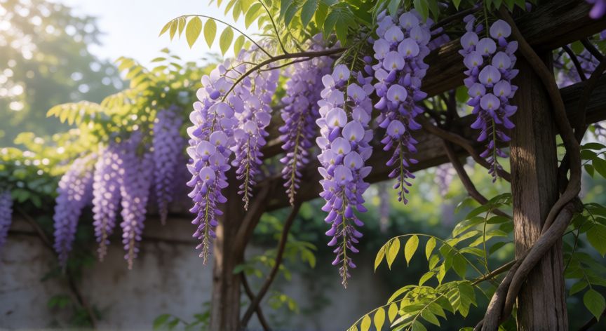 como plantar wisteria, Wisteria trepando por un enrejado de madera con flores moradas
