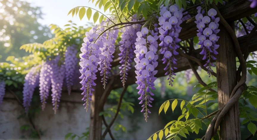 como plantar wisteria, Manos plantando esqueje de wisteria junto a espaldera metálica en suelo fértil