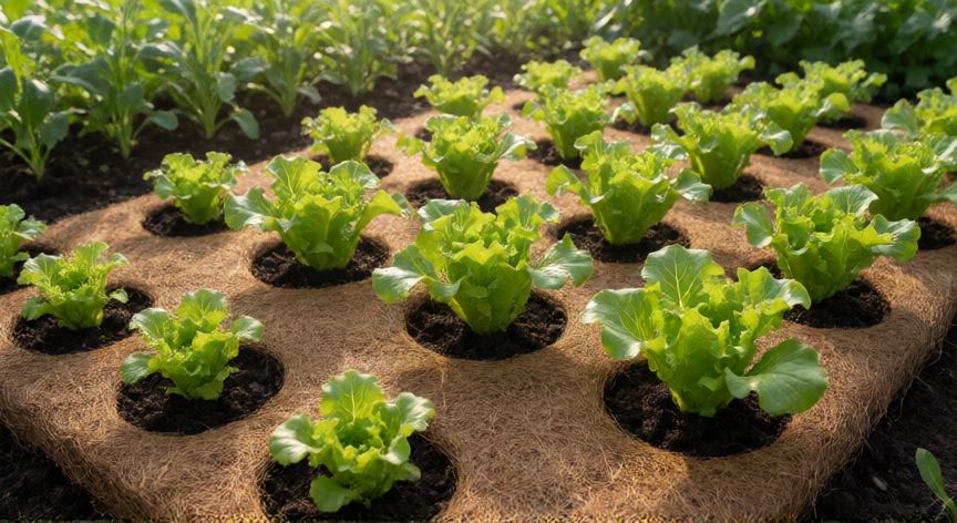 como plantar xaxim, Lechugas brotando de un lecho de xaxim hidratado en el jardín