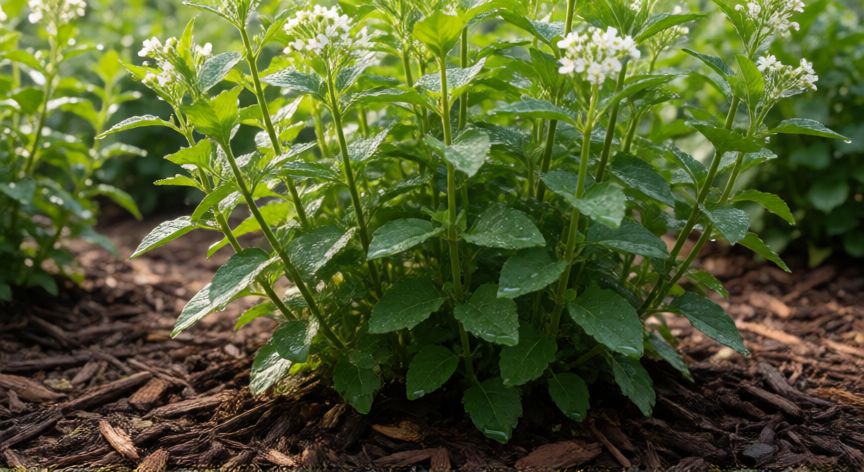 como plantar xinxim, Planta de xinxi saludable con mulch orgánico en el suelo