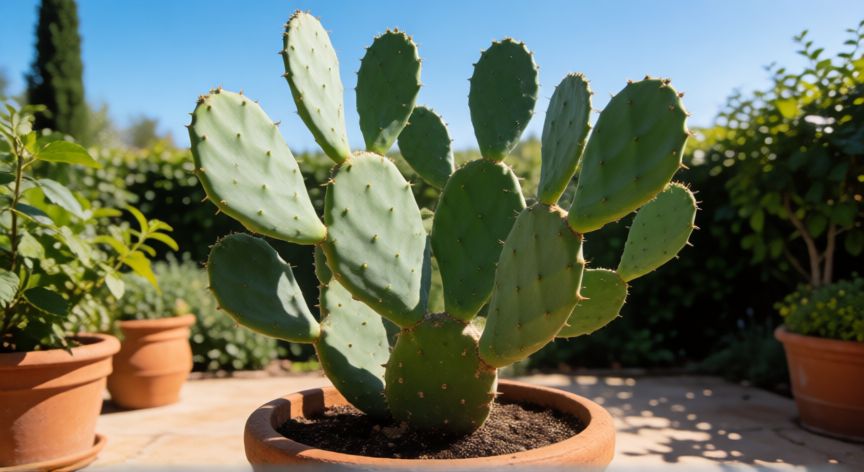 como plantar xoconostle, Planta de xoconostle saludable en maceta de barro bajo el sol directo