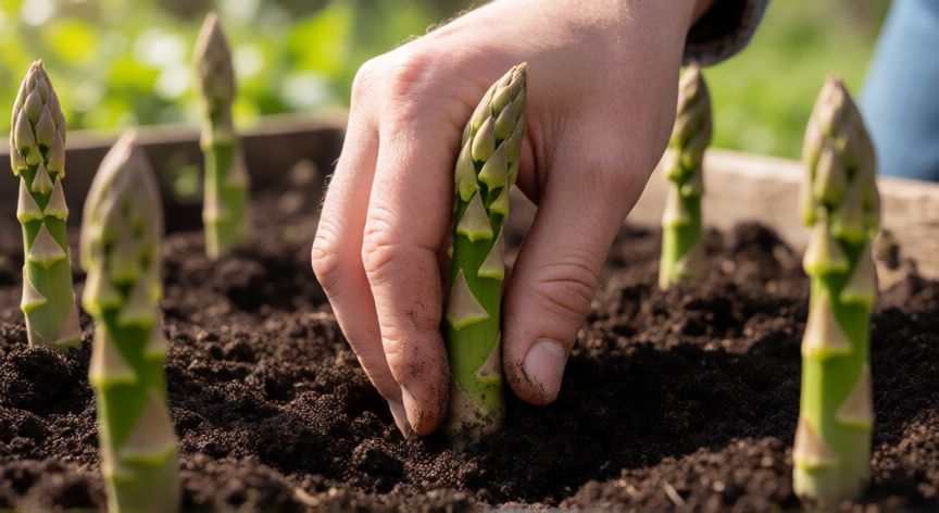 como plantar xuxu, Manos plantando turiones de xuxu en un huerto de primavera