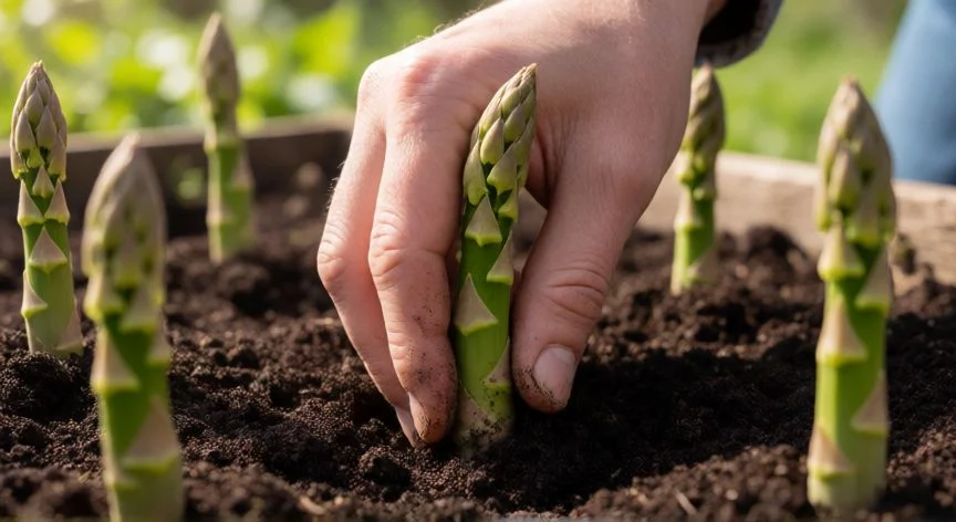 Manos plantando turiones de xuxu en un huerto de primavera