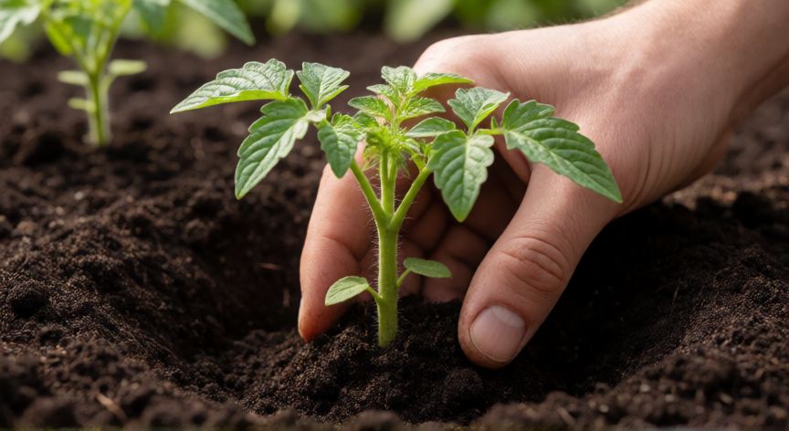 como plantar y cuidar tomates, Trasplante de una plántula de tomate en suelo preparado