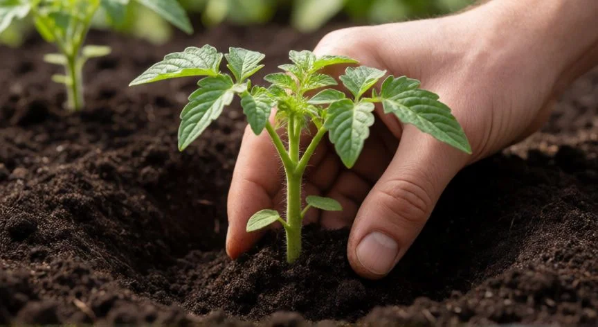 Trasplante de una plántula de tomate en suelo preparado