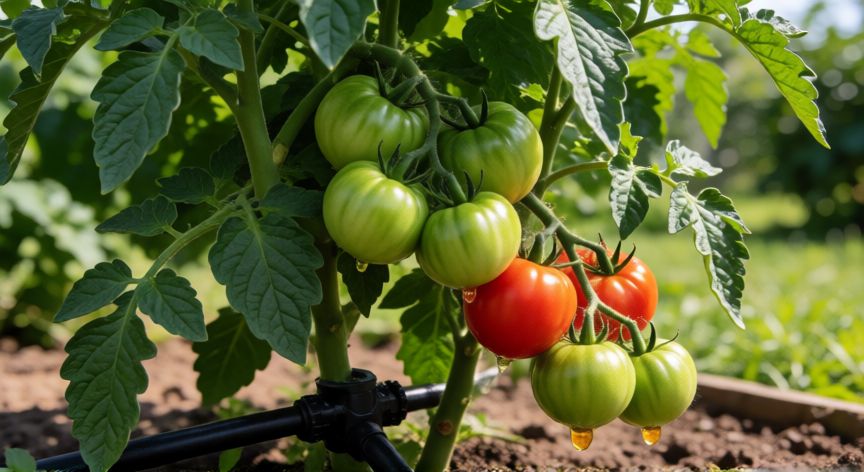 como plantar y cuidar tomates, Planta de tomate madura con frutos y sistema de riego por goteo