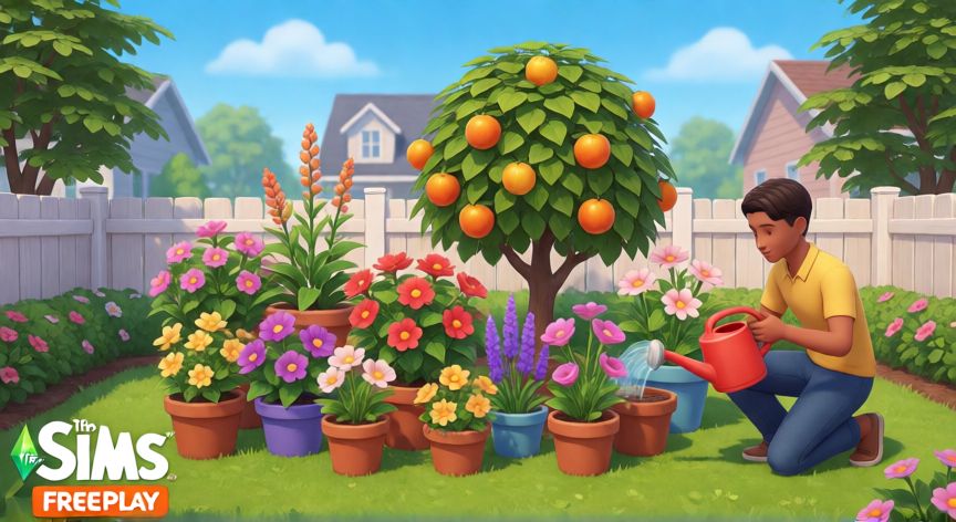 como plantar y podar una planta en los sims freeplay, Sim regando plantas en el jardín de The Sims FreePlay
