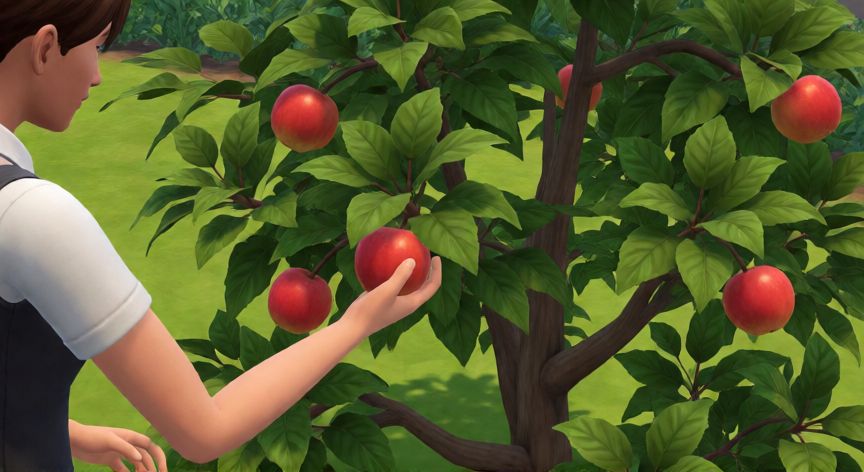 como plantar y podar una planta en los sims freeplay, Cosecha de frutas en un árbol dentro del juego The Sims FreePlay