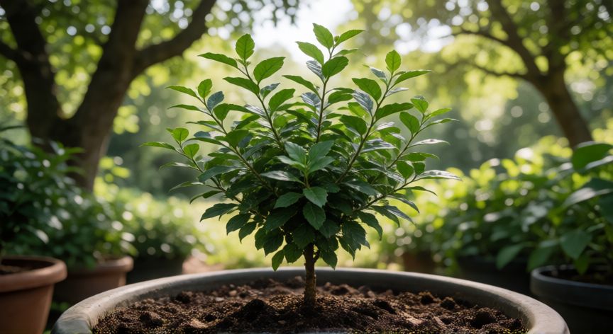 como plantar yerba mate, Planta joven de yerba mate en maceta con sombra parcial