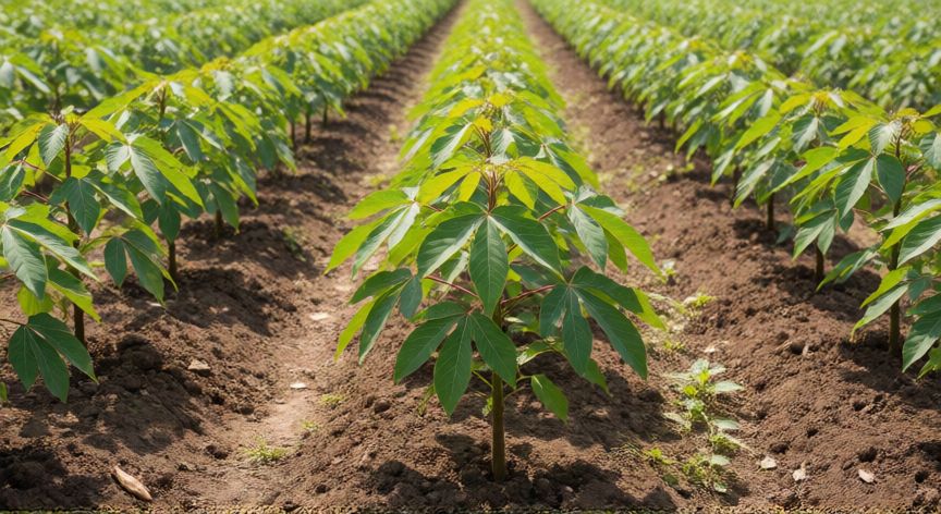 como plantar yuca, Jóvenes plantas de yuca creciendo en surcos de tierra labrada