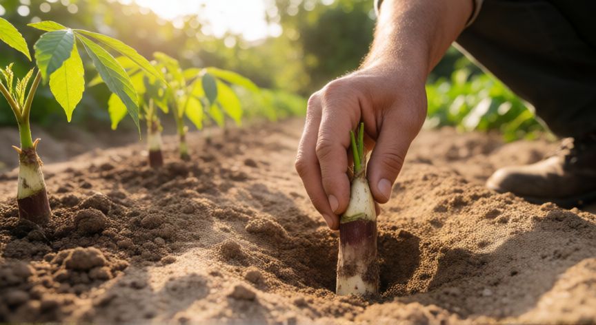 como plantar yuca cortada, Plantacion de un esqueje de yuca en tierra arenosa y bien preparada