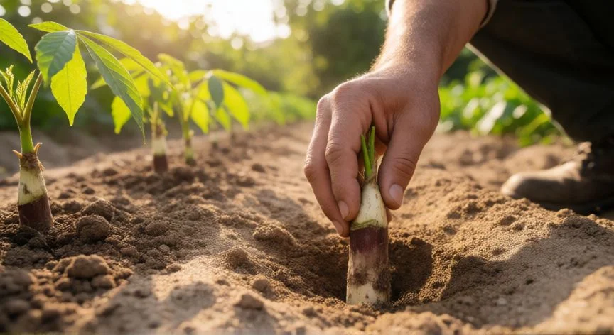 como plantar yuca cortada, Estacas de yuca plantadas en hileras con brotes emergiendo del suelo