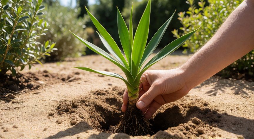 como plantar yuca en españa, Planta de yuca joven siendo sembrada en tierra arenosa al sol
