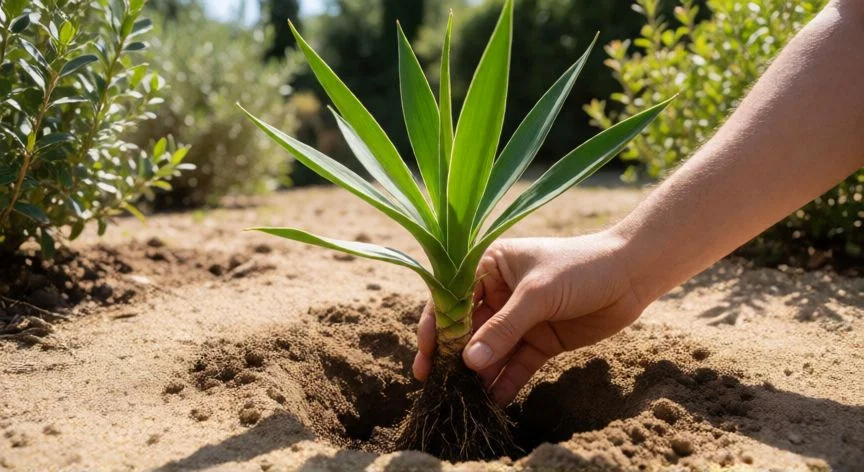 Planta de yuca joven siendo sembrada en tierra arenosa al sol