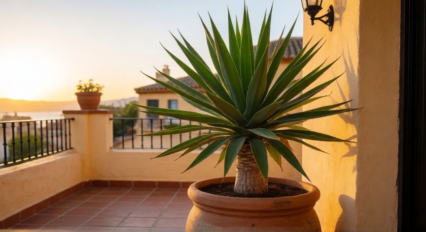 como plantar yuca en españa, Yuca madura en maceta de barro en una terraza mediterránea