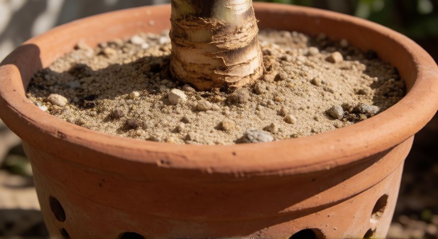 como plantar yuca en maceta, Maceta de terracota con sustrato arenoso y esqueje de yuca listo para plantar