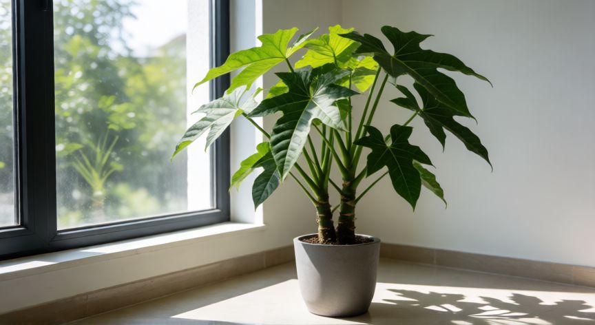 como plantar yuca en maceta, Planta de yuca saludable en maceta recibiendo luz solar directa junto a una ventana