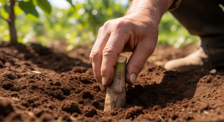 como plantar yuca en tierra, Mano plantando una estaca de yuca en tierra preparada