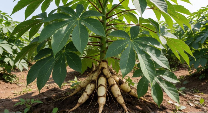como plantar yuca en tierra, Planta de yuca madura con hojas verdes y tubérculos en el suelo