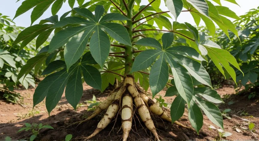 como plantar yuca en tierra, Campo de yuca madura a punto de cosecha con suelo quebrado y hojas amarillas cayendo