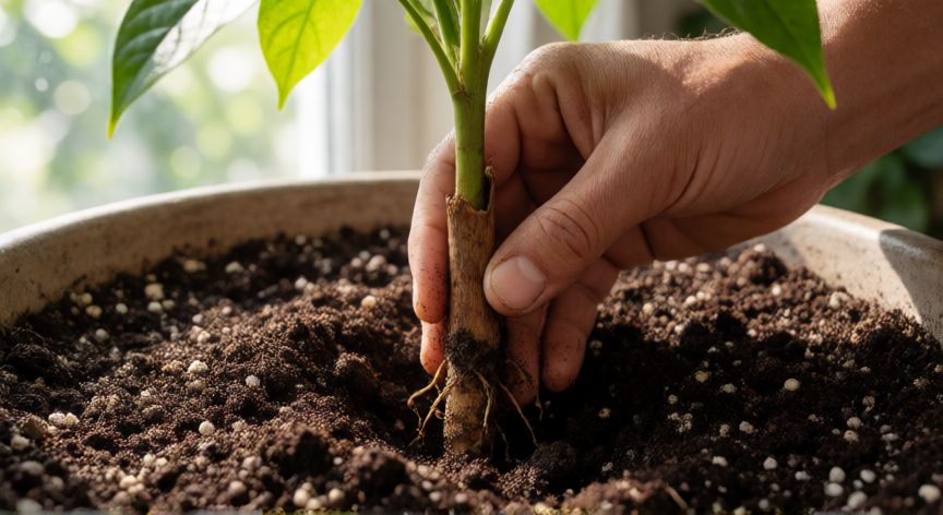 como plantar yuca para comer, Manos plantando un esqueje de yuca en una maceta con tierra fértil