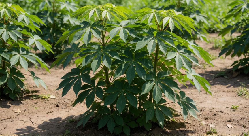 como plantar yuca para comer, Planta de yuca saludable creciendo en un huerto con abundante sol
