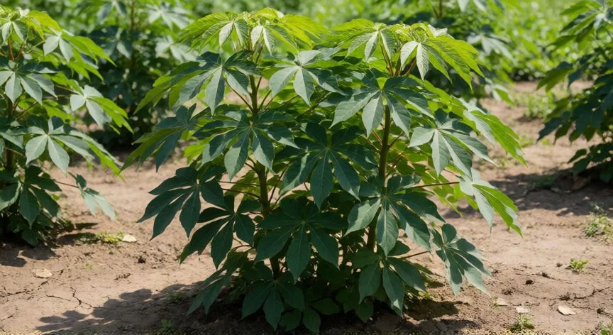 como plantar yuca para comer, Manos plantando un esqueje de yuca en tierra preparada al atardecer