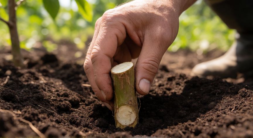 como plantar yuca sin raíz, Manos plantando un esqueje de yuca en tierra preparada