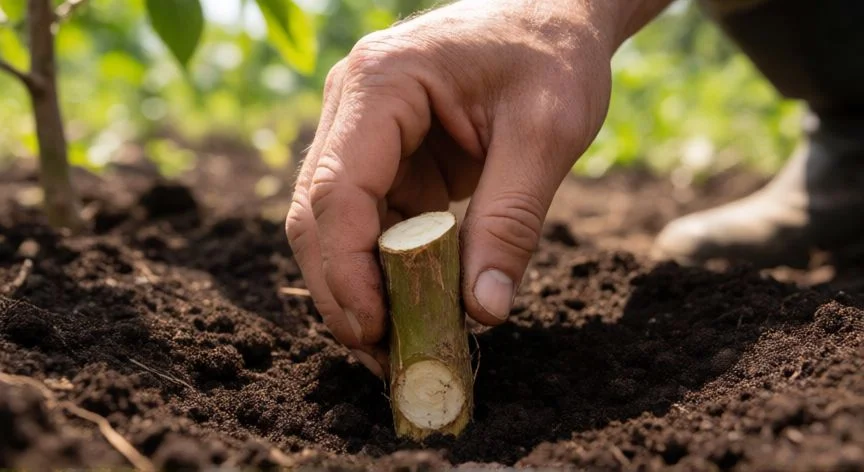 Manos plantando un esqueje de yuca en tierra preparada