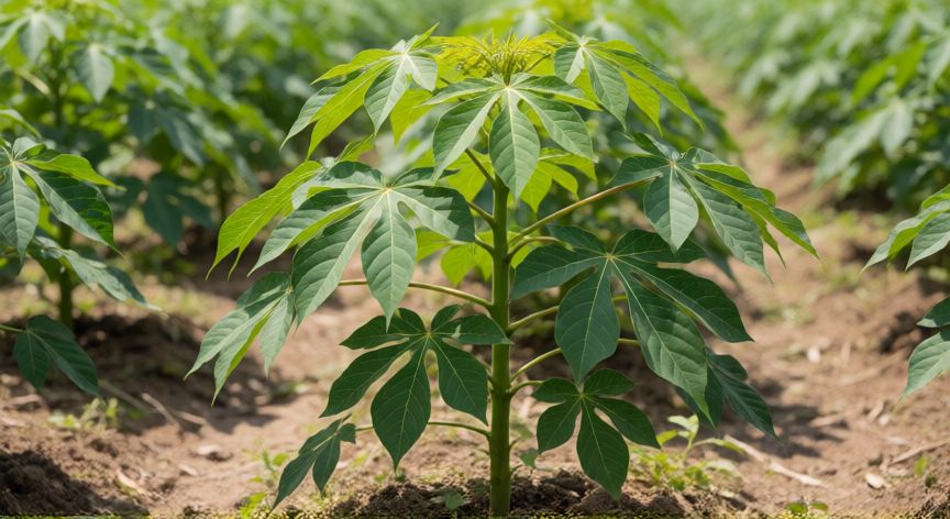 como plantar yuca sin raíz, Planta joven de yuca creciendo en el campo
