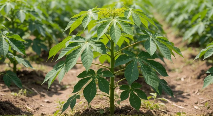 como plantar yuca sin raíz, Plantación de yuca en hileras uniformes bajo sol tropical con canales de riego