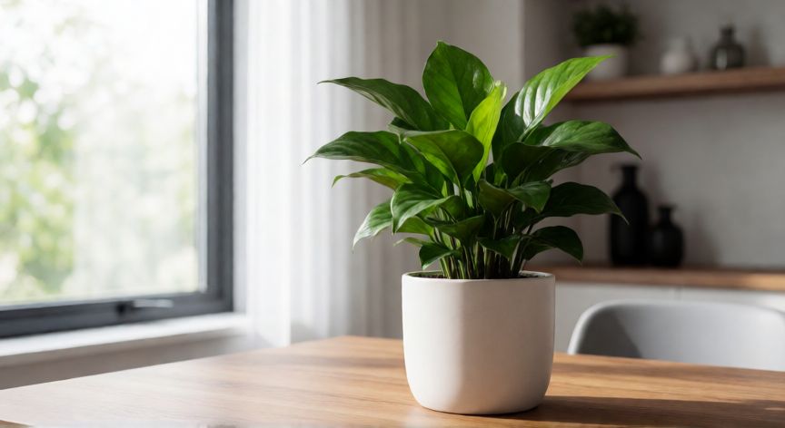 como plantar zamioculca, Planta de Zamioculca sana y frondosa en una maceta blanca junto a una ventana con luz natural