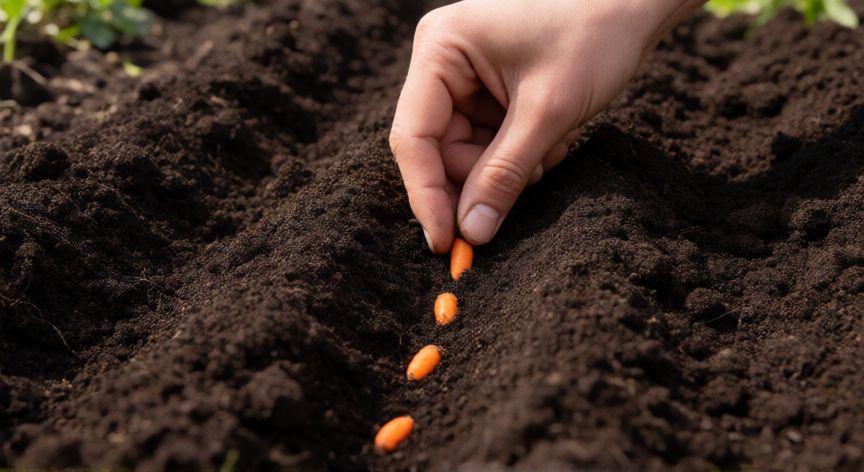 como plantar zanahorias, Preparación del suelo y siembra de semillas de zanahoria en un huerto