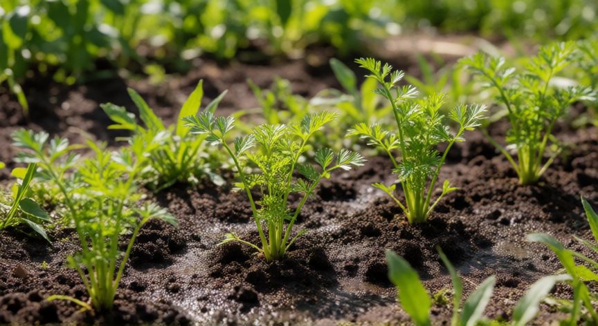 como plantar zanahorias, Plántulas de zanahoria brotando del suelo en un jardín soleado