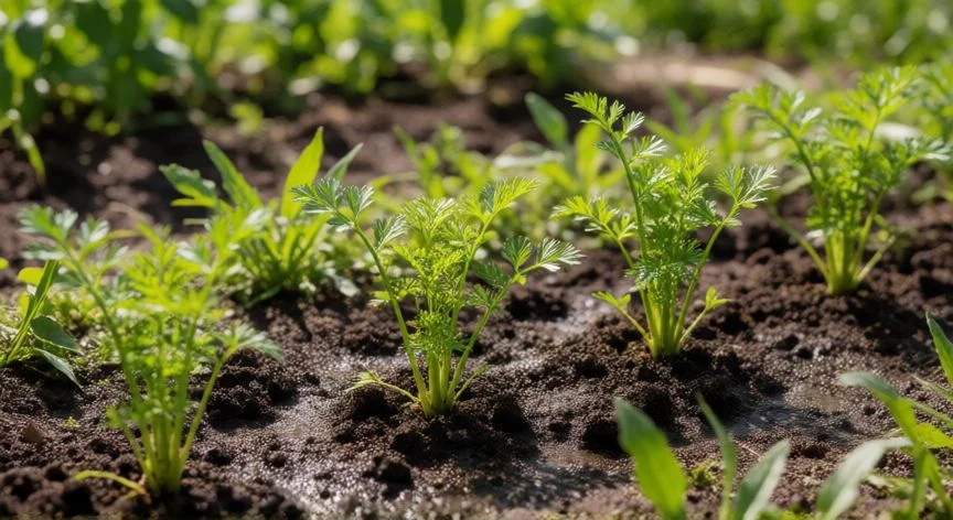 como plantar zanahorias, Racimo de zanahorias cosechadas en colores naranja, púrpura y blanco sobre mesa rústica