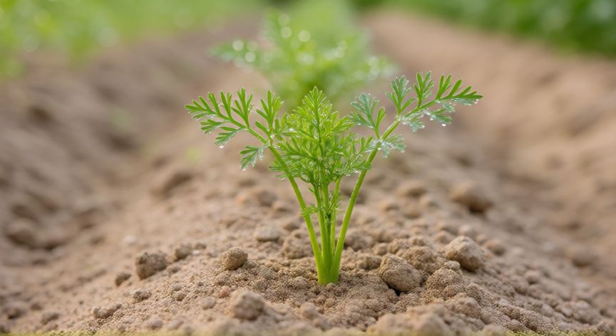 como plantar zanahorias con semillas, Plántulas jóvenes de zanahoria brotando del suelo en el huerto