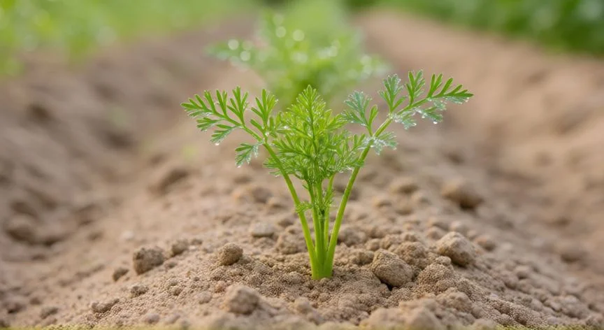 como plantar zanahorias con semillas, Maceta con brotes tiernos de zanahoria regados en una terraza soleada