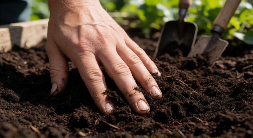 como plantar zanahorias en casa, Manos preparando el suelo suelto con compost para plantar zanahorias