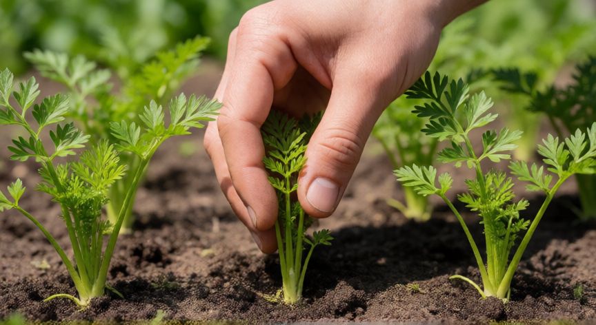 como plantar zanahorias en casa, Plántulas de zanahoria en el huerto siendo aclarecidas por una persona