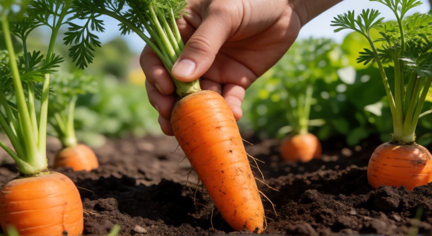 como plantar zanahorias en huerto, Cosecha de zanahorias maduras y sanas en el huerto