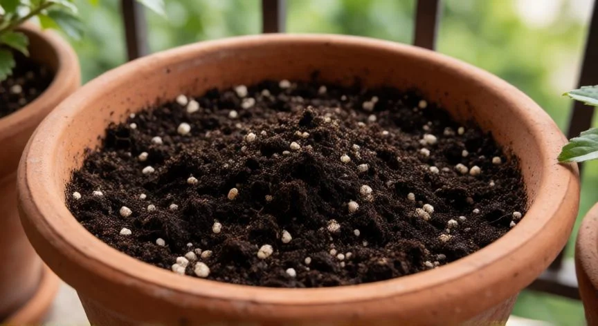 Zanahorias jóvenes germinando en macetas profundas de tela y barro en un balcón soleado