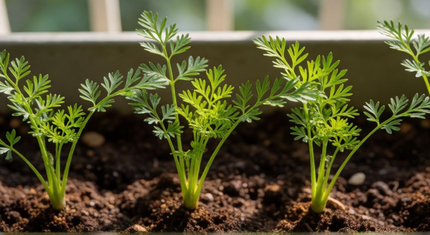 como plantar zanahorias en maceta, Plántulas jóvenes de zanahoria germinando en una maceta con luz natural